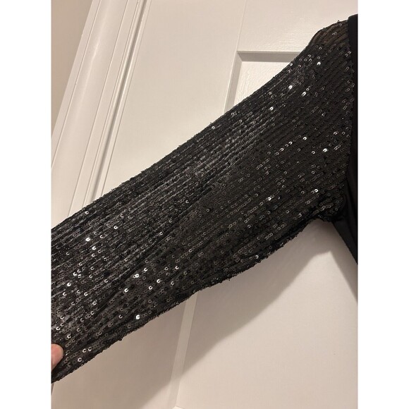 Women’s Stretch Sequin Sleeve Black V-Neck Midi Dress Size Large Cocktail Belt - Picture 2 of 6